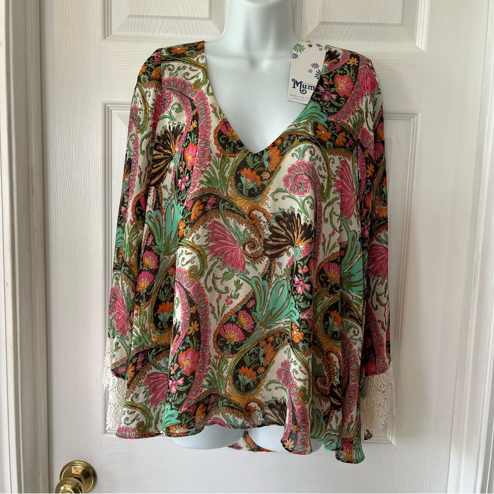 Show Me Your Mumu Mal Top Pink Green Paisley Womens Size Small Long Sleeve NEW‎